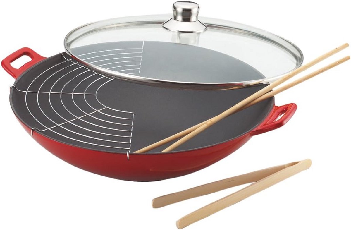 Gietijzeren Wok 36 cm, Geschikt voor Alle Kookplaten Inclusief Inductie