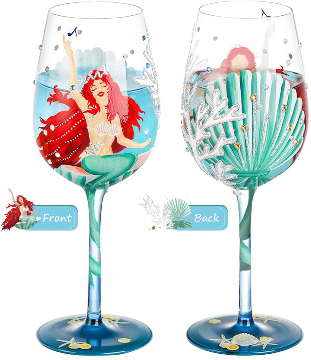 aladdien - Handgeschilderde Zeemeermin Wijnglas - Gepersonaliseerd Verjaardagscadeau - 15oz - Milieuvriendelijk - Voor Vrouwen - Uniek Design