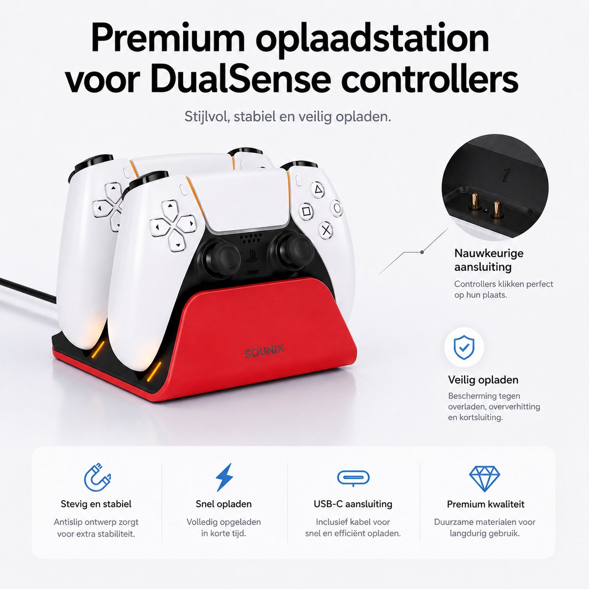 Sounix Oplaadstation geschikt voor PS5 / PS5 Slim / PS5 PRO / DualSense Controller - PS5 accessoires - Dual Oplader - Charging Dock - Rood – foto 3