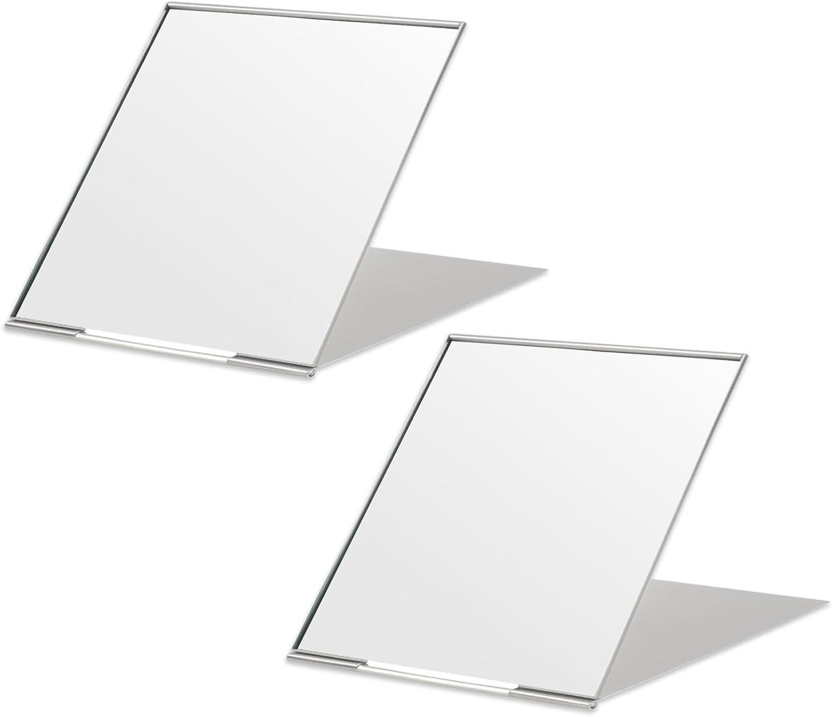 Ultra-Dunne Vouwspiegel 2 Stuks, 7 x 6 cm Aluminium Compact Spiegel met Stand voor Make-up, Reizen en Kamperen