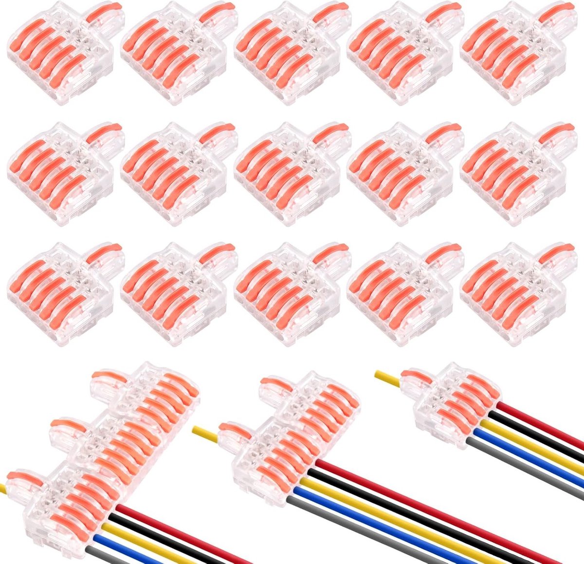 Set van 15 verbindingsklemmen met hefmechanisme, kabelclips en elektrische aansluitingen voor flexibele en stijve kabelverbindingen