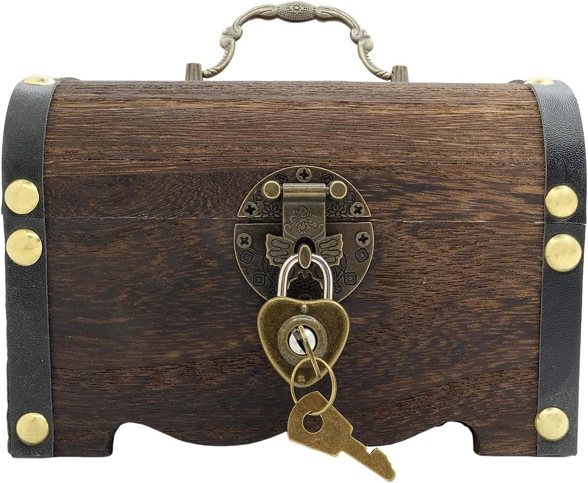 Vintage Houten Schatkist voor het Opslaan van Munten, Sieraden en Geld, met Hartslot en Diep Zwart Ontwerp