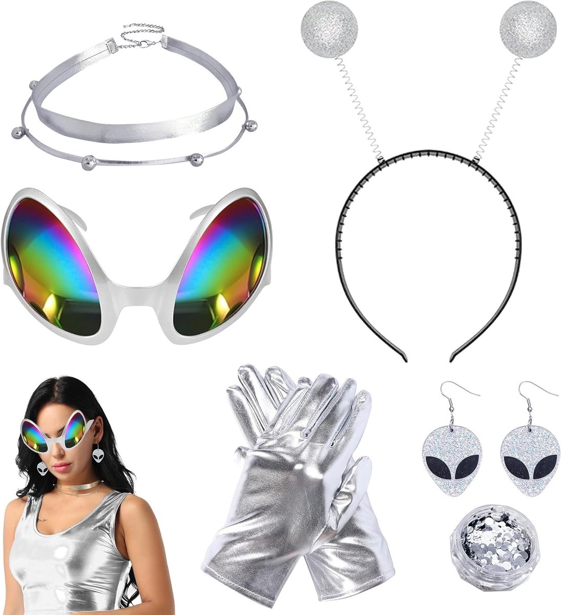 Vrouwelijk Alien Kostuum Set met 6 Stukken, Inclusief Haarband, Bril, Handschoenen, Oorbellen en Ketting voor Carnaval en Verkleedfeest