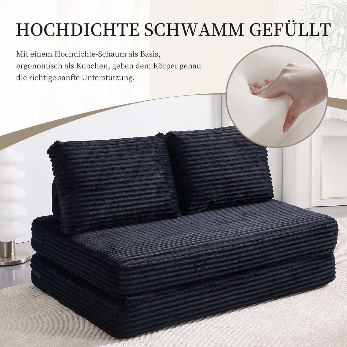Merax 2-Zits Slaapbank - Opklapbare Sofa Bed Met Corduroy Bekleding - Zwart Multifunctioneel Vloerbank Voor Woonkamer Slaapkamer En Logeerkamer