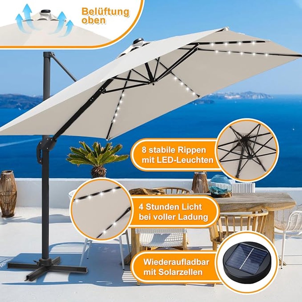 Zweefparasol 300x300 cm – 360° Draaibaar met Voetpedaal & 4-Standen Kantelbaar – UV50+ Waterdicht – Aluminium Frame – Luxe Tuin Parasol voor Terras, Balkon & Zwembad – Mobili Bella