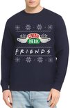 Donkerblauwe trui met "Central Perk" en "Friends" logo, op een model, van voren gezien.