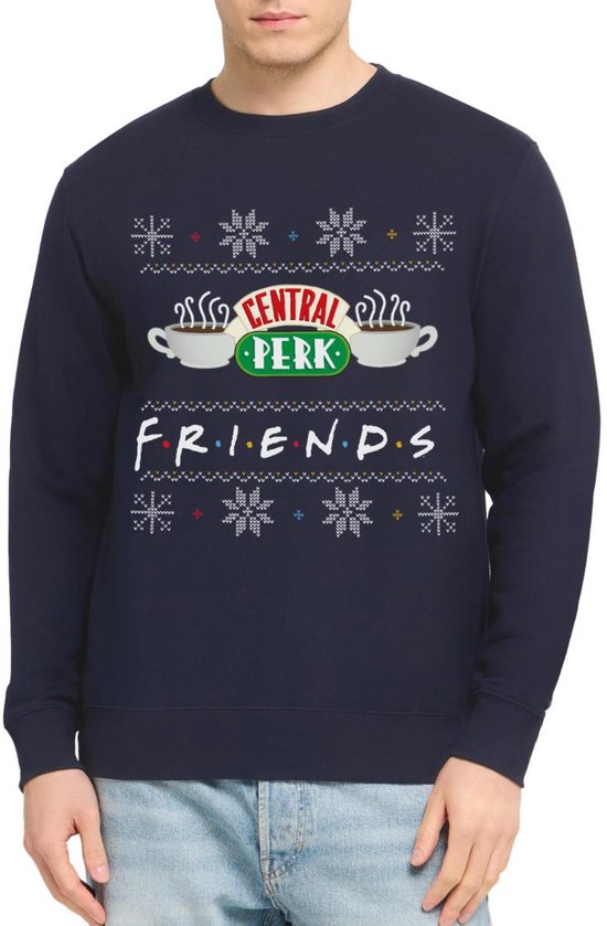 Donkerblauwe trui met "Central Perk" en "Friends" logo, op een model, van voren gezien.