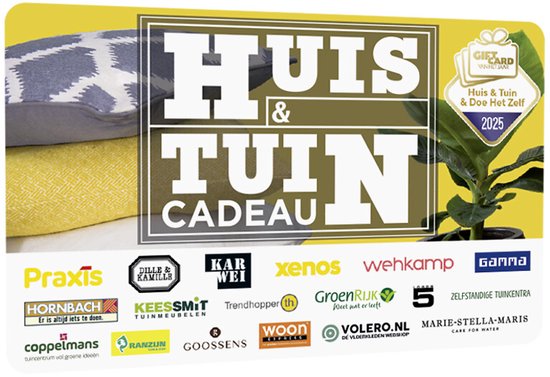 Huis & Tuin Cadeau cadeaukaart met gestapelde gele en grijs-witte stoffen en een plant.