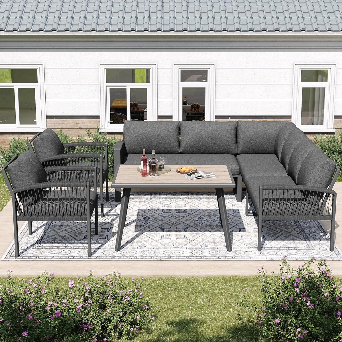 Tuinmeubelset 8 Personen met Hoekbank en Tafel 234x69x86 cm – Outdoor Loungeset van Verzinkt Staal & Handgevlochten Touw met Dikke Kussens – Weerbestendig voor Tuin, Balkon & Terras – Grijs – Laura