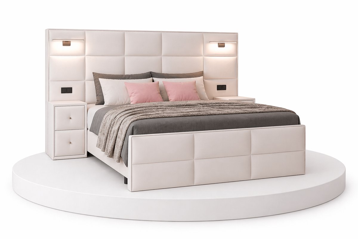 Boxspring Veloura - 160x200 Compleet - Met nachtkastjes - Beige - Ledjes & Stopcontacten - BalBedden