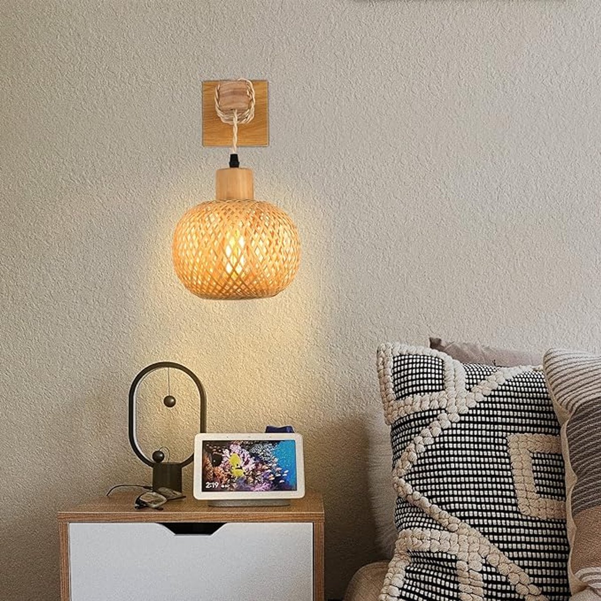 Bamboe wandlamp - Rotan wandlamp voor de slaapkamer, bamboe lampenkap wandlamp in landelijke stijl, wandlamp voor de woonkamer in landelijke stijl