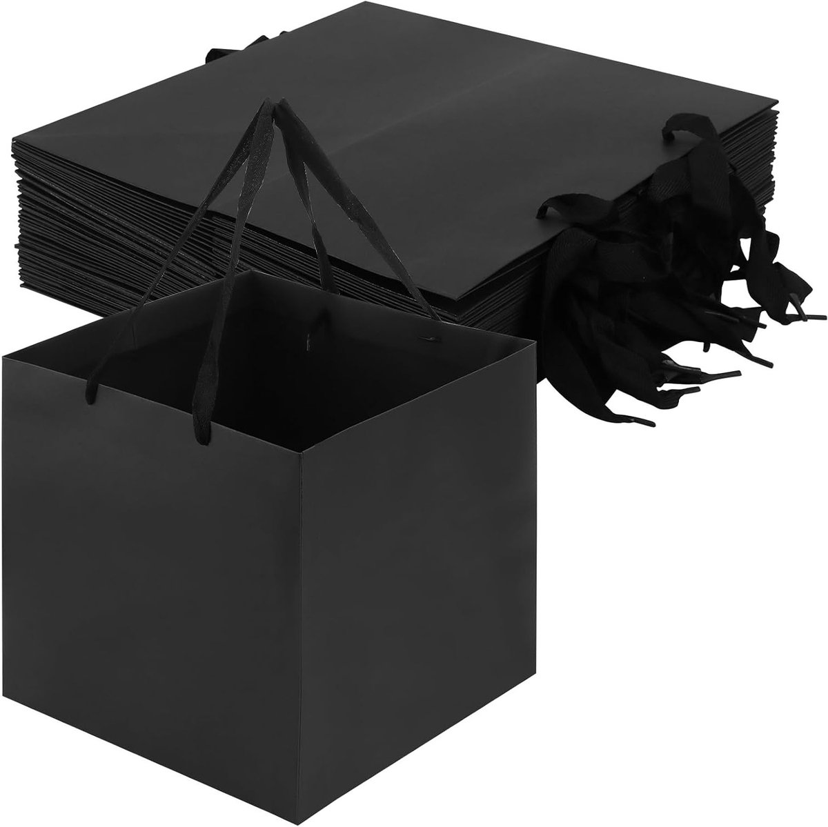 16 Stuks Zwarte Papieren Zakjes met Handgrepen - Ideaal voor Geschenken, Winkelen en Feestjes - 30 x 30 x 30 cm, Vierkante Bodem en Duurzaam Ontwerp