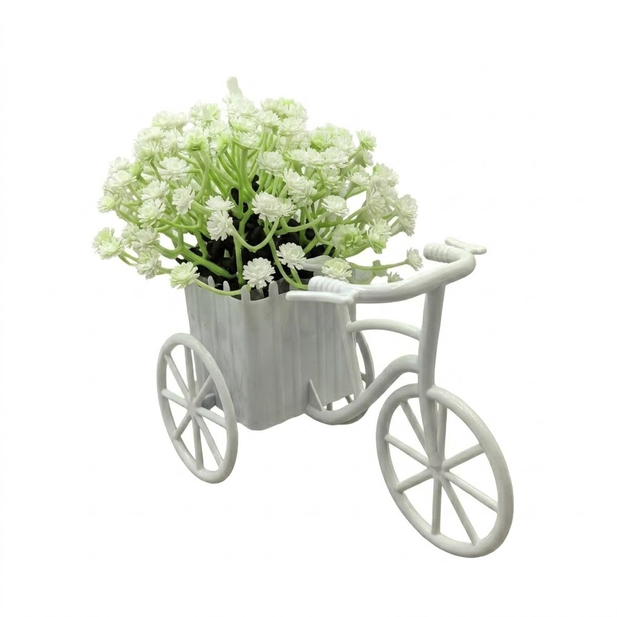 NUVEX Wit groen kunstbloemen mini fiets bloempot decoratie kunstplant in fiets mandje voor interieur bureau en tafel decoratie
