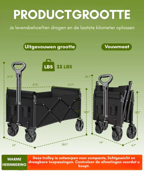 KAD® Bolderkar Opvouwbaar Luchtbanden - Bolderkar Opvouwbaar - Bolderkar Kinderenvervoer - Zwart - 72cm x 48cm x 95cm van Kad — afbeelding 2
