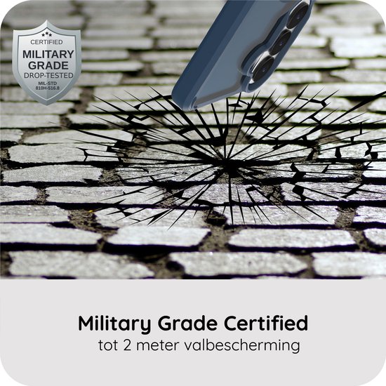Donkerblauw telefoonhoesje valt op een gebarsten ondergrond, gecertificeerd volgens militaire standaard voor valbescherming tot 2 meter.