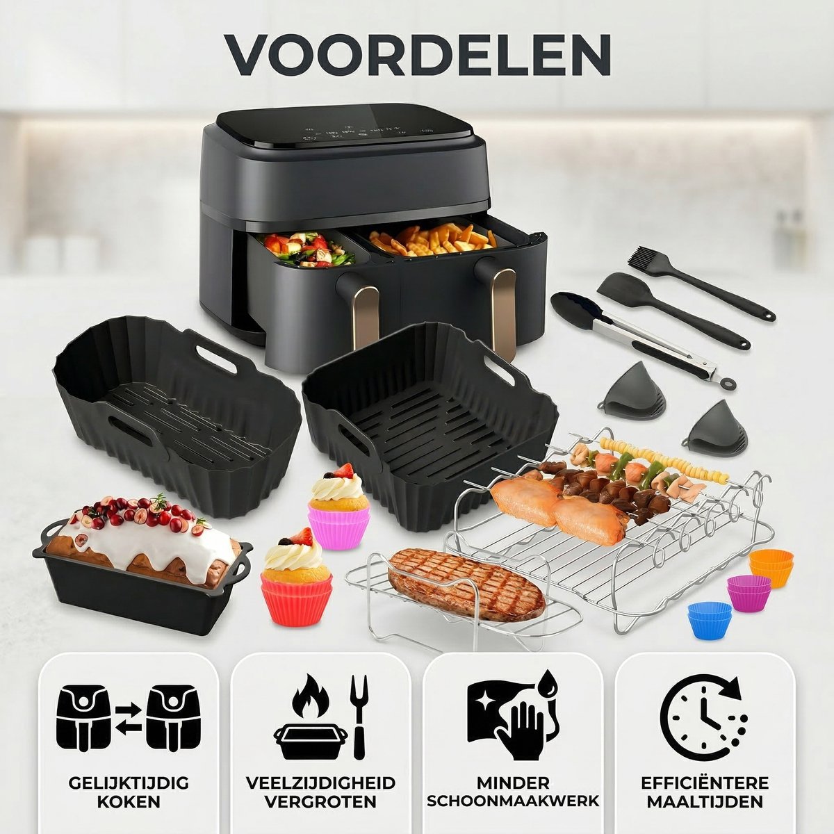 Somstyle Accessoires Set Geschikt voor Philips Dual Basket 3000 & 5000 Dubbele Airfryer - 23-Delig - Cup Cake Bakvorm - Heteluchtfriteuse Mandje - Zwart — afbeelding 2