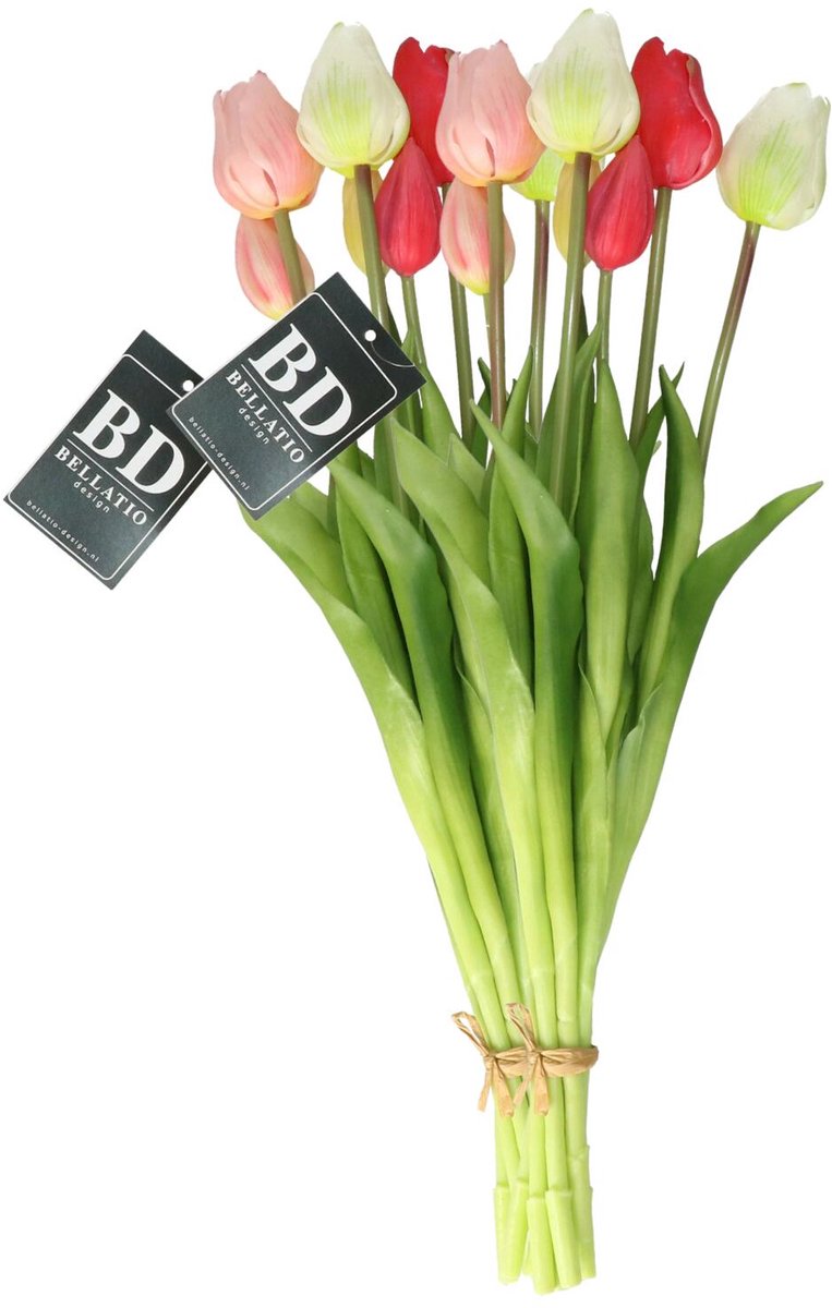 Bellatio Design Kunst tulpen boeket Sally - 14x stuks - roze/creme - real touch - 47 cm