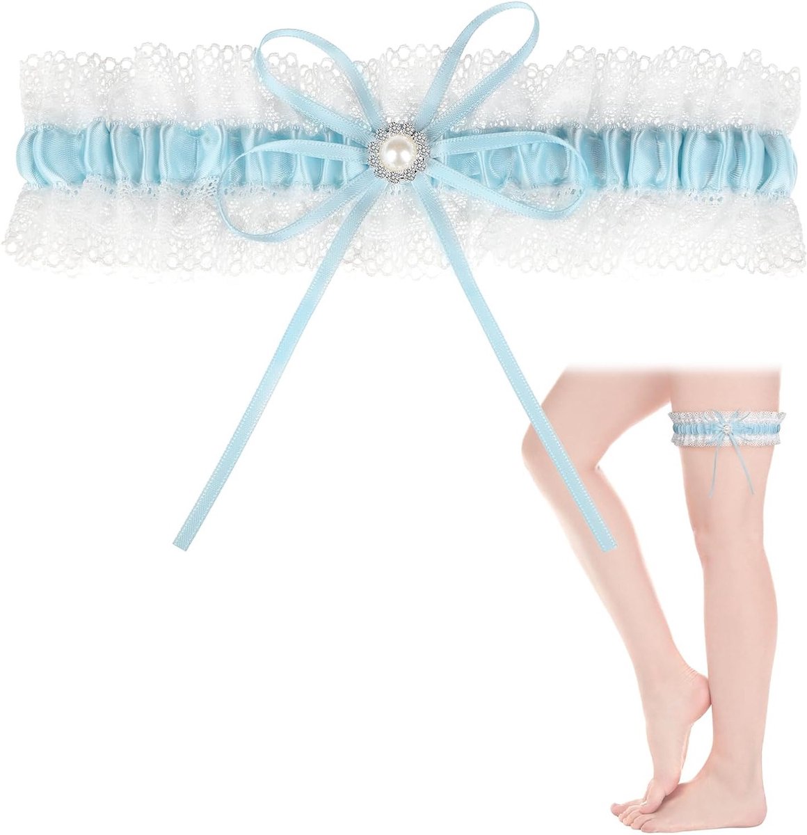 Elegante Blauwe Bruidsband met Elastische Kant en Strik voor Huwelijksaccessoires en Vrijgezellenfeest