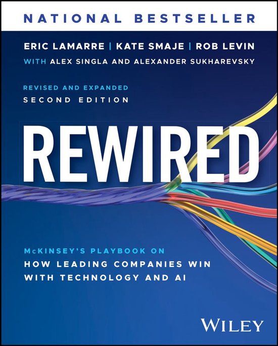 Livre 'Rewired': National Bestseller, Revised and Expanded Second Edition, McKinsey's Playbook on How Leading Companies Win with Technology and AI. Couverture avec le titre REWIRED en grandes lettres blanches, avec des câbles colorés en dessous.