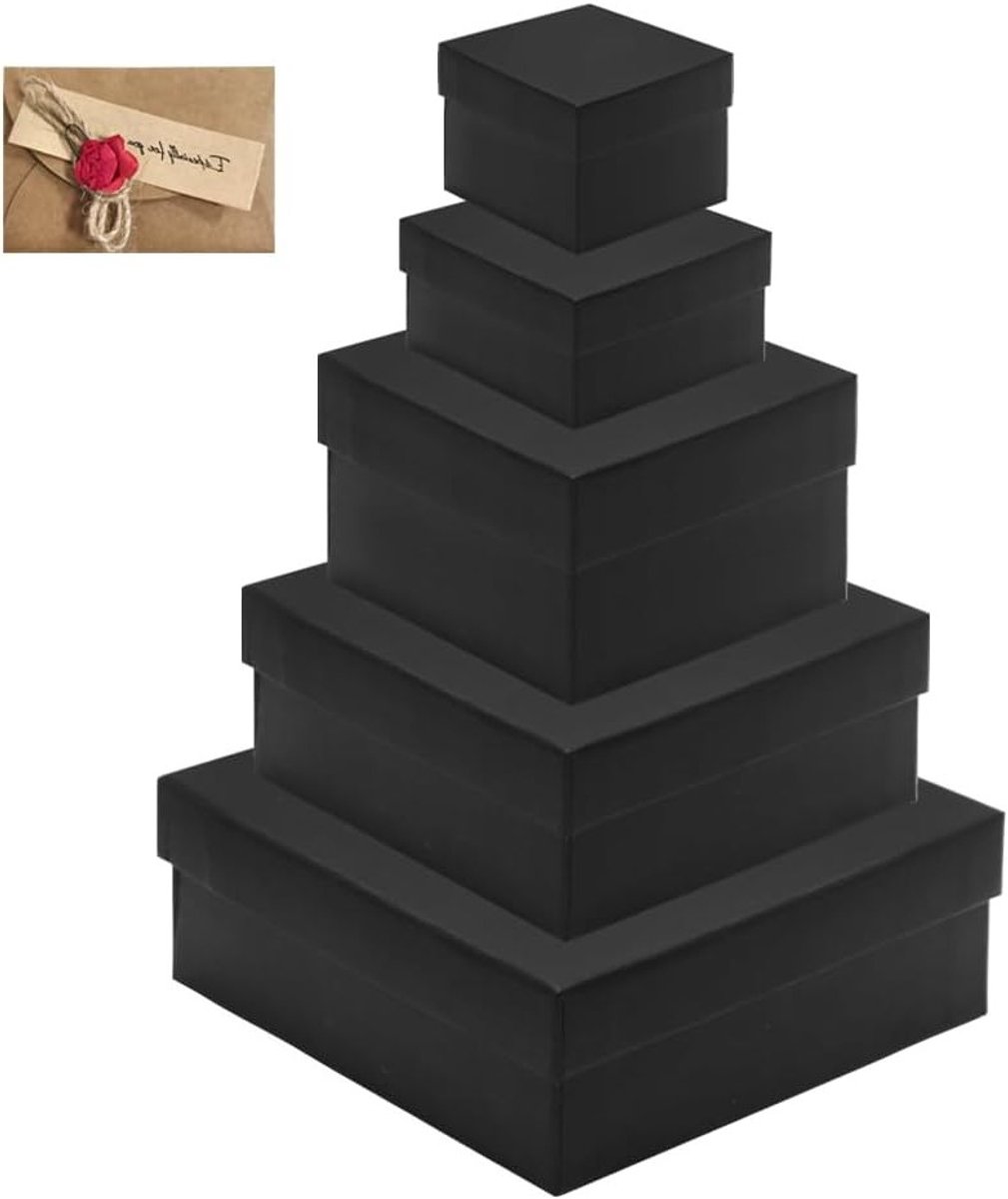 Set van 5 vierkante geschenkdozen met deksel in zwart, 7-15 cm, 5 verschillende maten, inclusief wenskaart voor cadeaus en feestjes