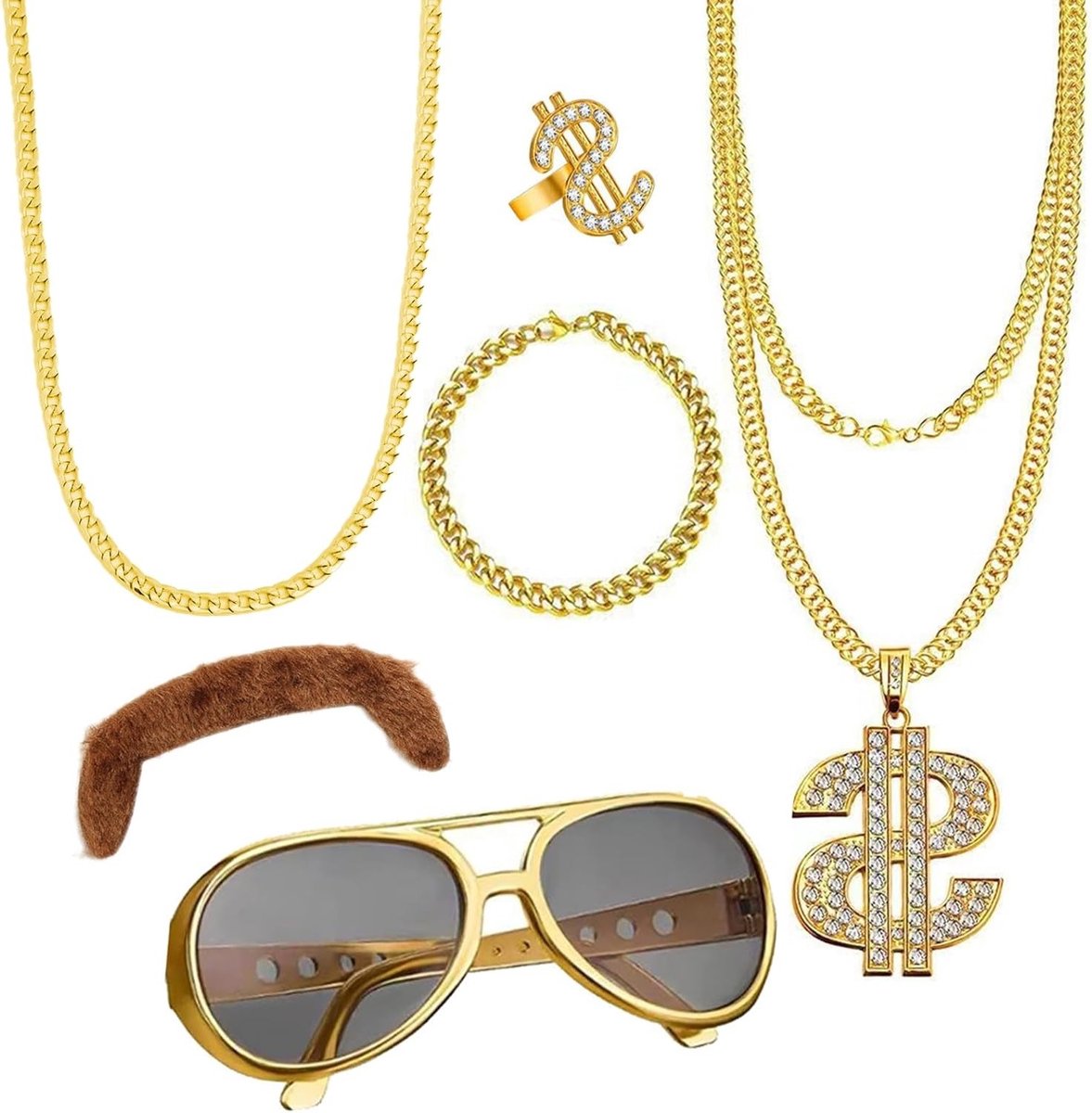 Stijlvolle 70s, 80s en 90s Kostuums voor Mannen - Hip Hop Outfit met Gouden Ring, Ketting en Zonnebril voor Carnaval en Feestjes, One Size