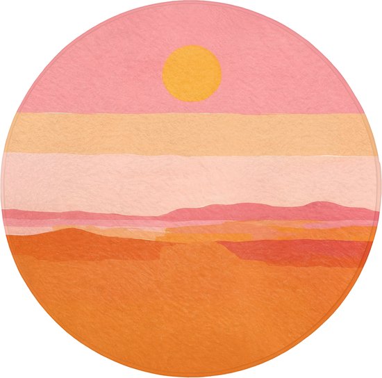 Badmat rond 70x70 cm - Antislip - Zon - Abstract - Landschap - Oranje - Badmatten voor badkamer - Badkamermat - Douchemat - Ronde badkamer mat
