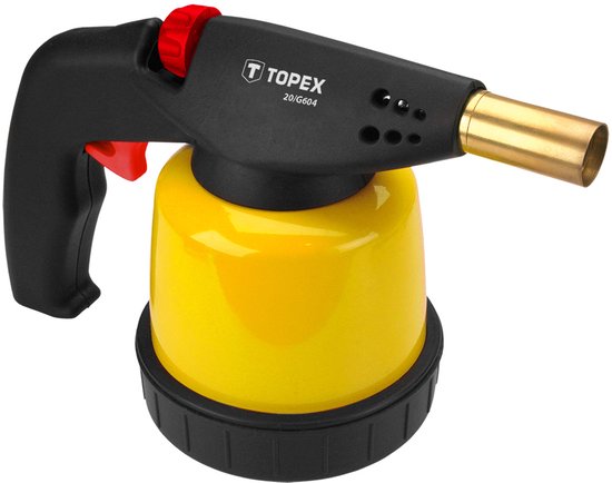 Zwarte gasbrander met rode ontsteker en gele cilinder met TOPEX logo.