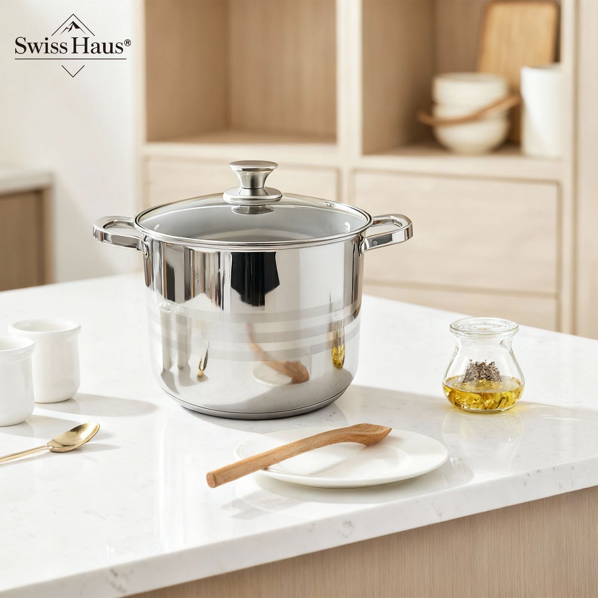 Swiss Haus® NC22SP Soeppan Met Deksel - Ø22cm / 6,8L - Kookpan - Geschikt Voor Inductie & Alle Warmtebronnen - Vaatwasser & Ovenbestendig - RVS — afbeelding 6
