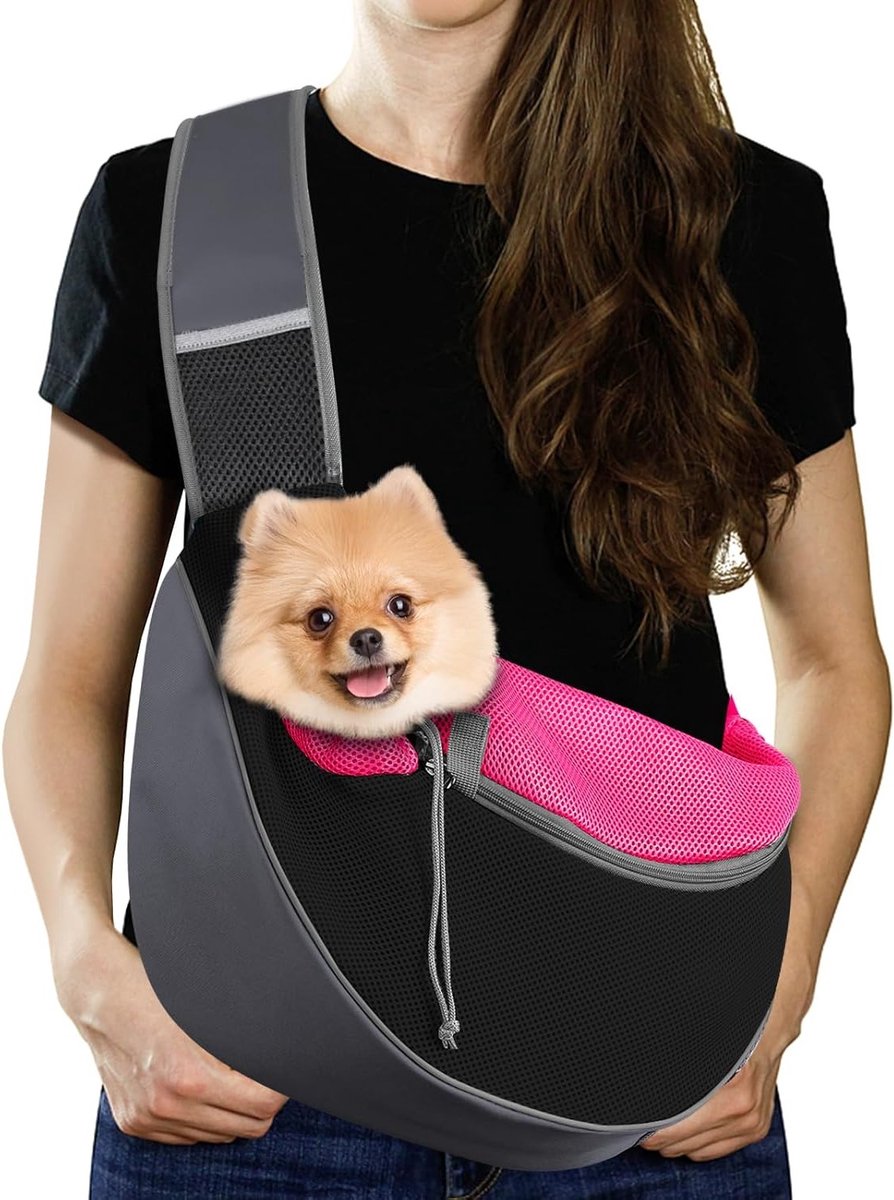 Handvrije ademende mesh hondendraagzak voor puppy's en katten, verstelbare riem en trekkoord, ideaal voor buitenreizen en comfort, L, magenta