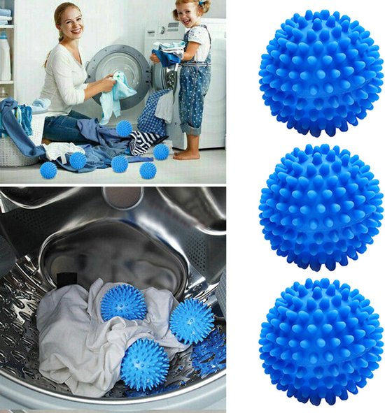 Collage: Famille près de la machine à laver, une boule de lavage bleue, et une machine à laver pleine de linge avec des boules bleues.