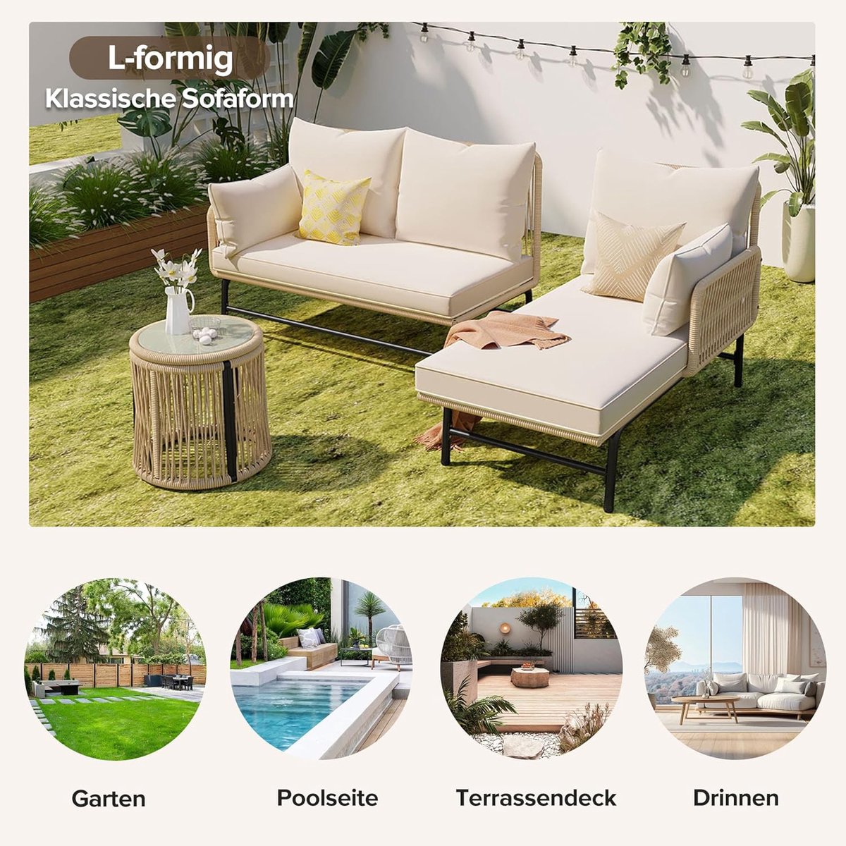 Tuin loungeset 6-zits met 2 tafels en 2 fauteuils – 260 x 180 x 75 cm – Modulaire terrasmeubels met dikke kussens, verstelbare poten en glazen tafelblad – Weerbestendig beige – Laura