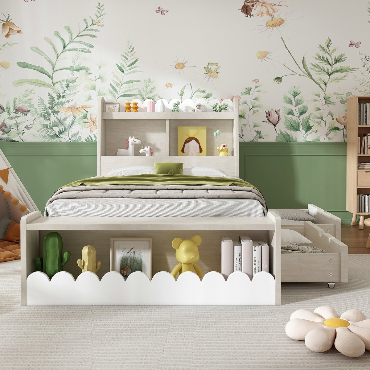 VVBV Kinderbed 90x200 – met Lades, Opbergruimte en Opbergvakken – Hout – Zonder Matras – Wit – Lattenbodem – Bed met Opbergruimte 90x200 White + Light Oak