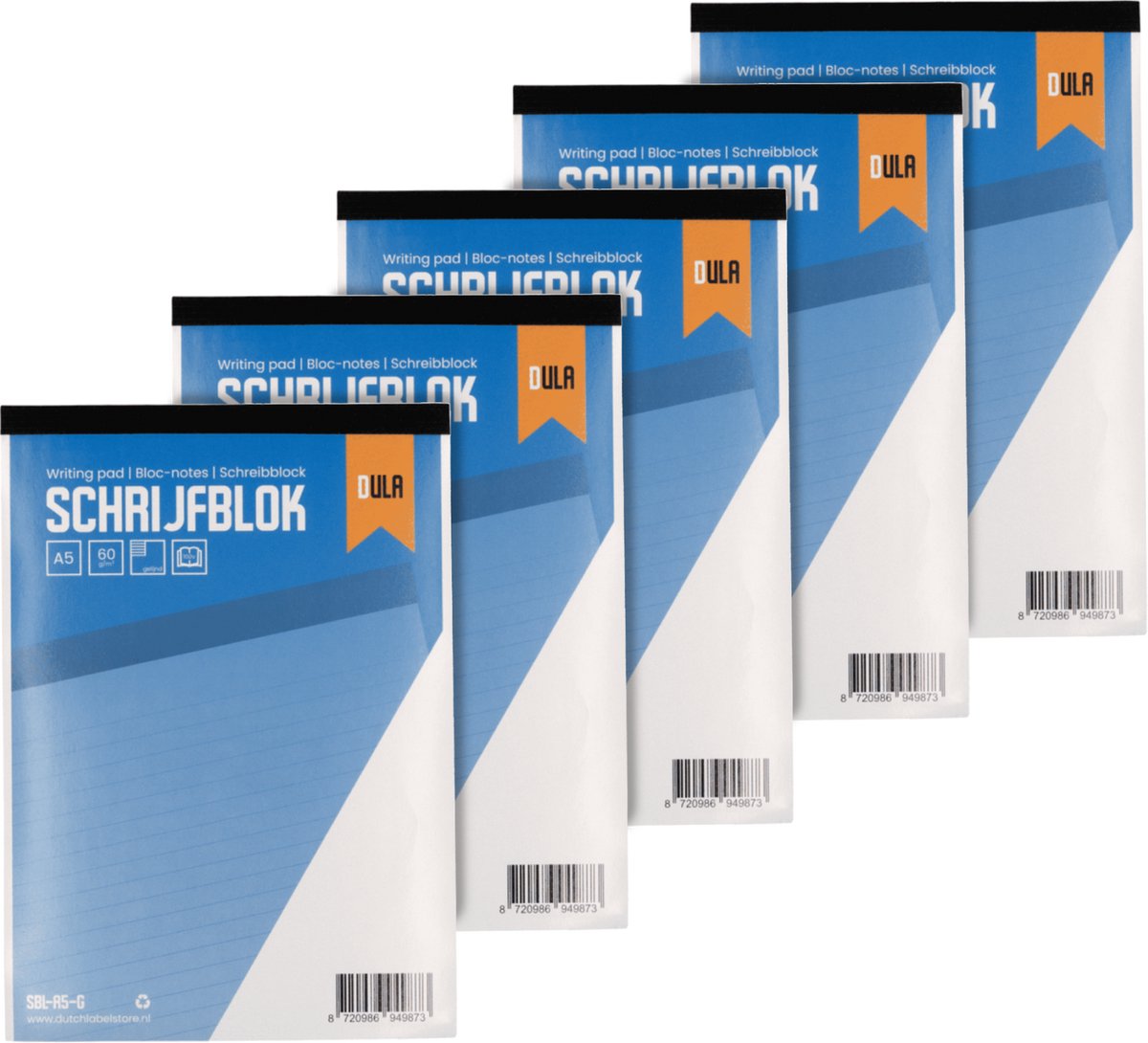 Schrijfblok A5 formaat met lijn 100 vel - Notitieblok gelinieerd - 60 grams papier - 5 stuks - DULA
