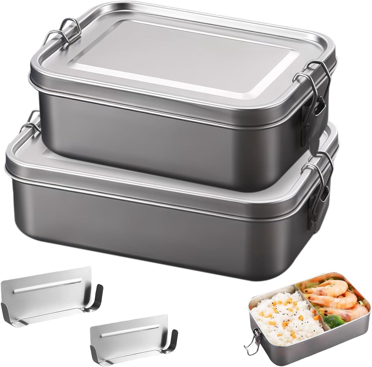 Set van 2 roestvrijstalen lunchboxen met verdeelcompartiment, 850 ml en 1400 ml, lekvrije en stapelbare lunchboxen, ideaal voor werk en buitengebruik, vaatwasmachinebestendig