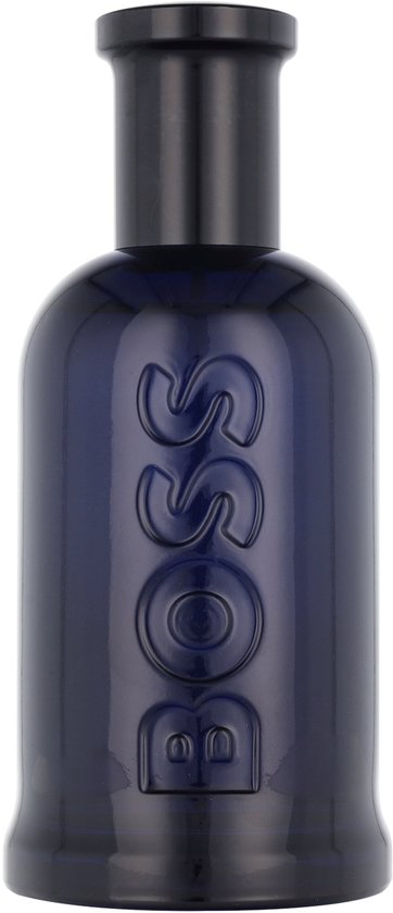 Donkerblauwe Hugo Boss Bottled Night eau de toilette fles van 200ml met opdruk 'BOSS'.