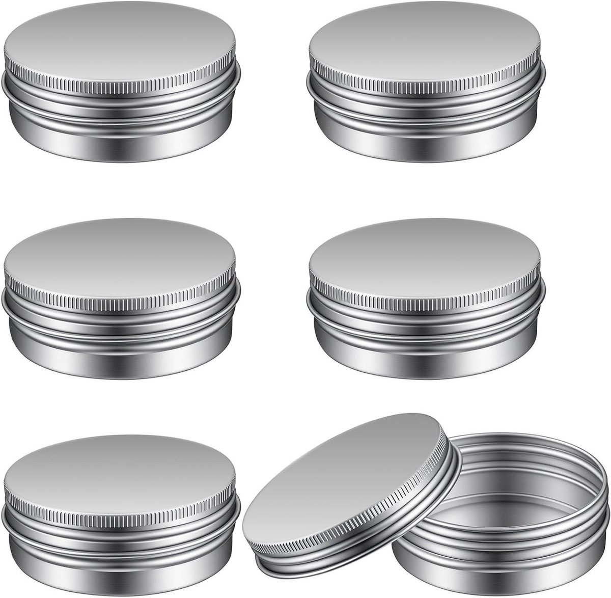 6 stuks aluminium crèmeblikjes 60 ml voor lotion, cosmetica, mini-kaarsen en nagelkunst (zilver)