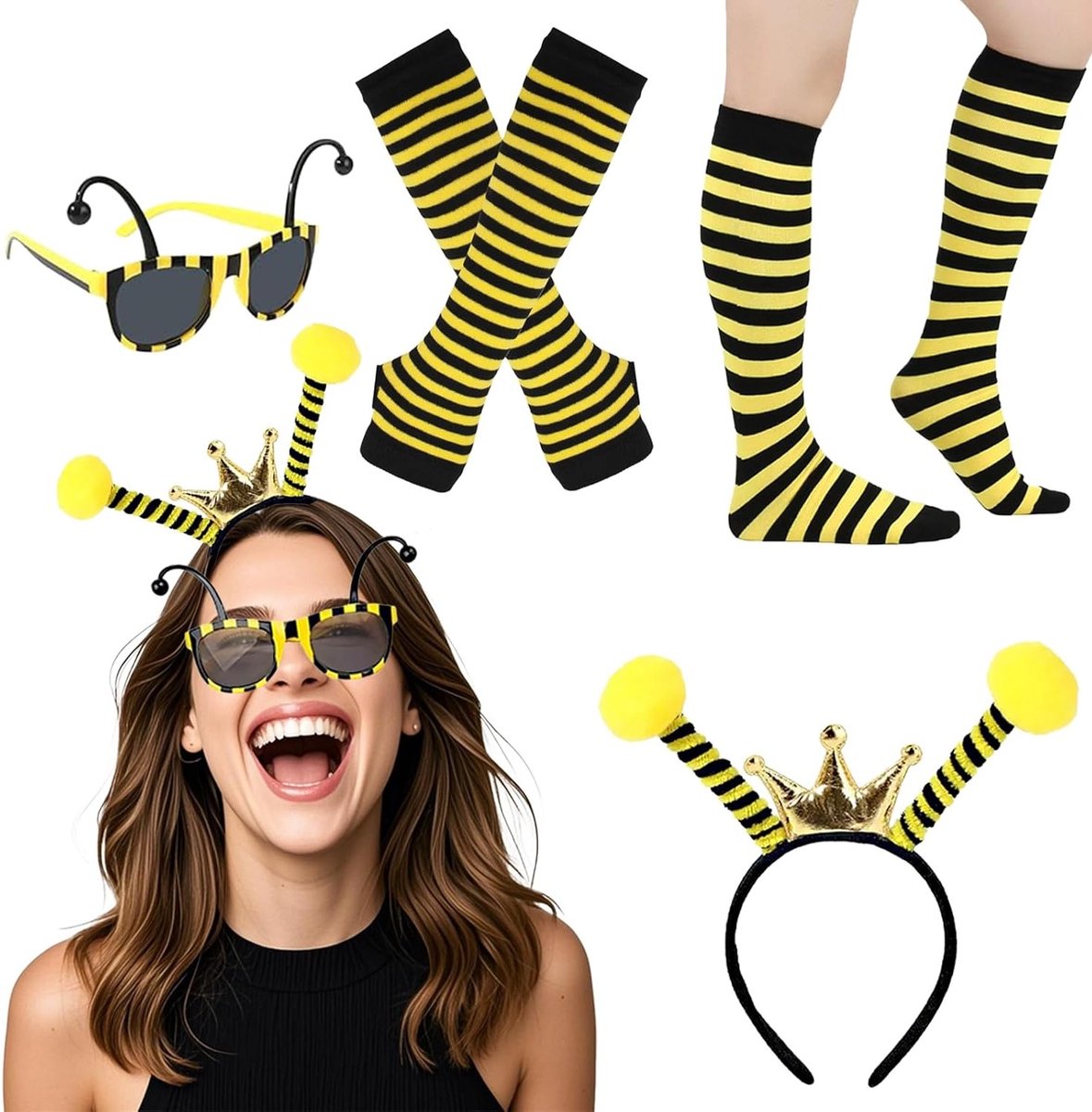 Complete Bijen Kostuum Set voor Volwassenen met Antenne Hoofdband, Zonnebril, Gestreepte Kniekousen en Lange Handschoenen voor Halloween en Feestjes