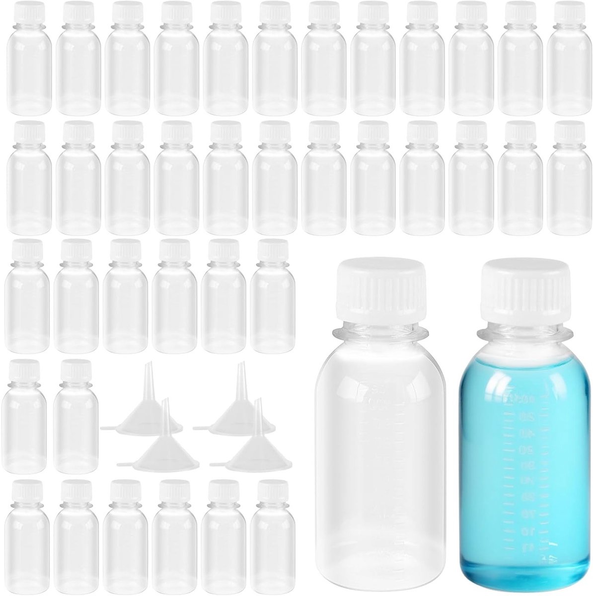 40 Stuks Doorzichtige Plastic Reisflessen 100 ml, Herbruikbare Flessen met Schroefdoppen en 4 Trechters voor Shampoo, Lotion en Toilettassen
