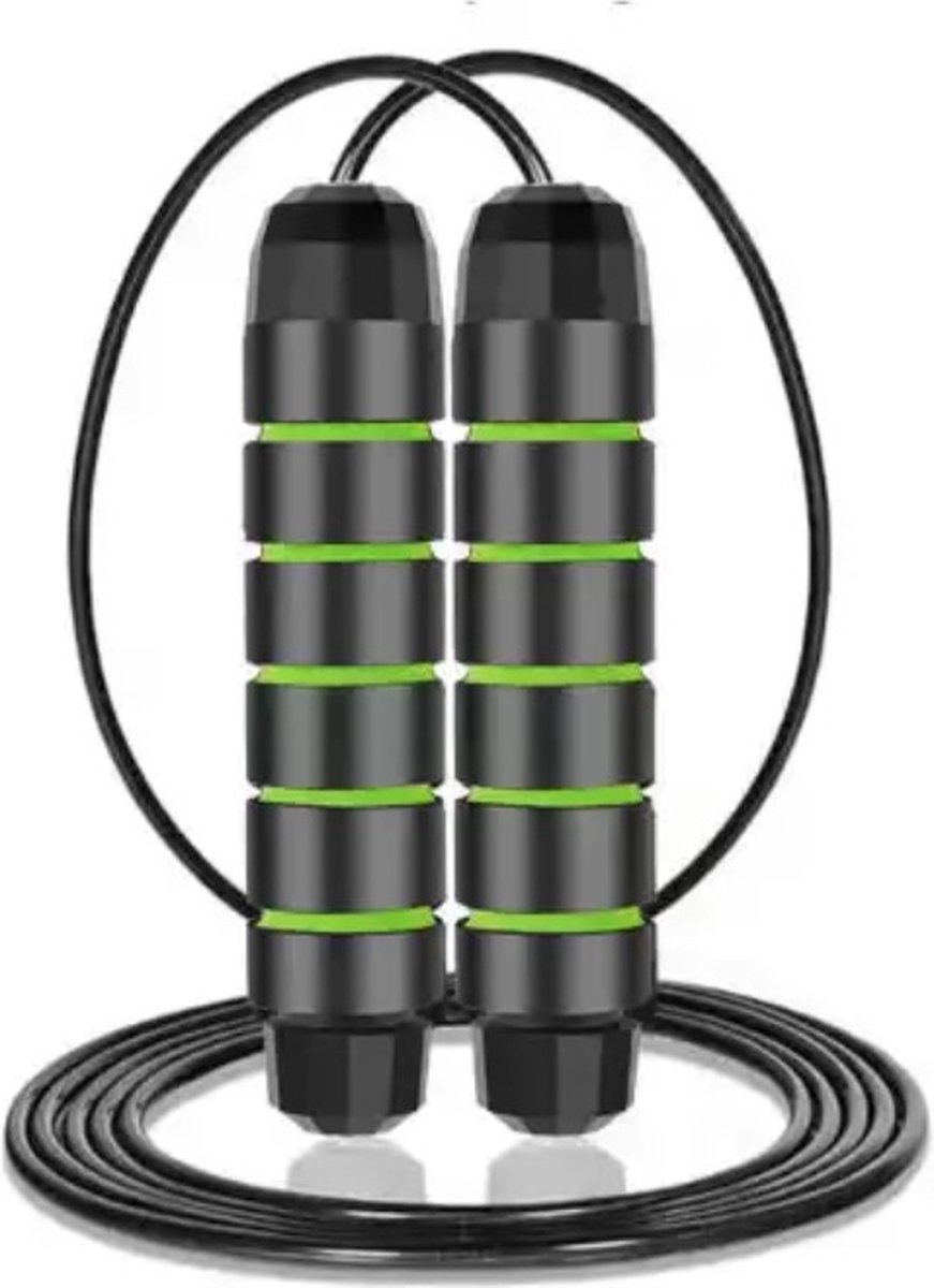TJ Essentials Professioneel Sport Springtouw – Verzwaard – Verstelbaar – Staaldraad – Foam Handvatten – Zwart/Groen