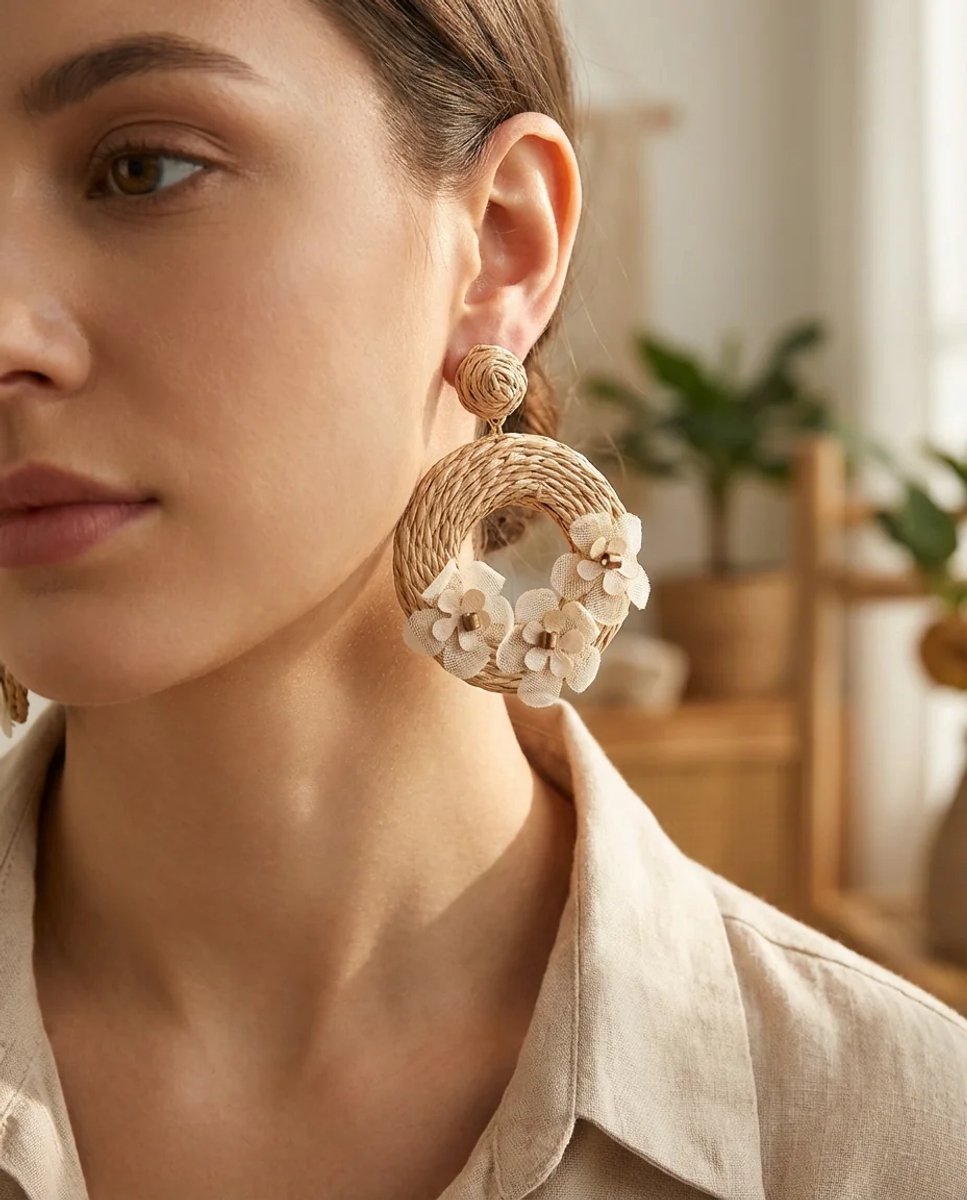 Dorvina Rotan Dames Oorbellen Kahverengi Hangende Rond Bloemen Bohem Zomer Dames Oorbellen
