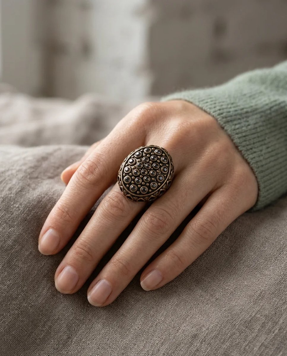 Dorvina Bronzen Dames Antiek Sieraad Ring Margazit Steen Ovaal Benekli Model Verstelbaar Vintage Ring
