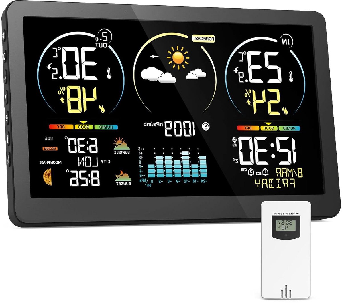 Draadloos weerstation - Buitensensor kleurendisplay - Weer monitoren - 78 inch kleurenscherm - 20 x 13 cm - Zwart