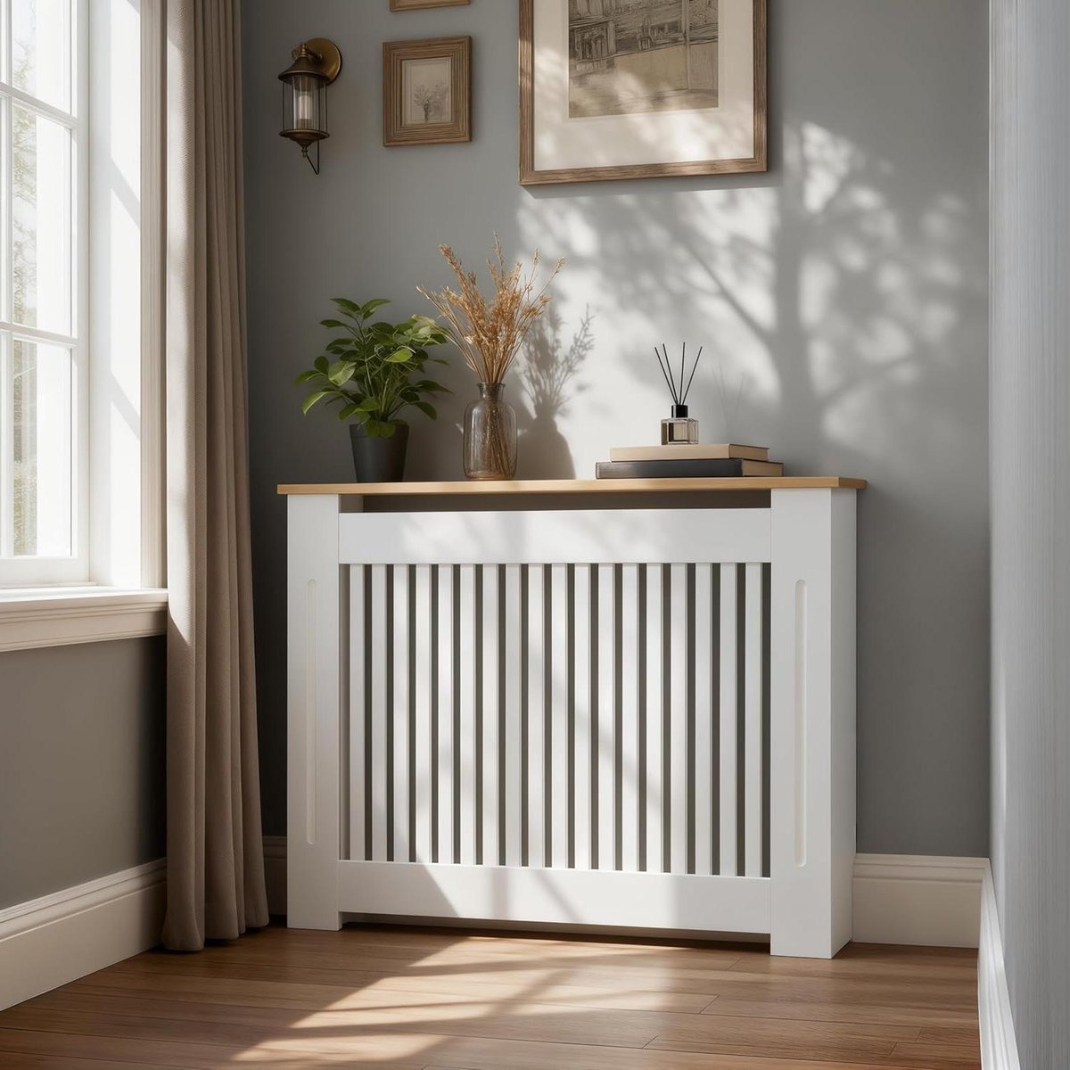 Radiatorbekleding Hout - Radiatorombouw Rek - Verwarmingskamer Decoratie - Streeppatroon Ontwerp - 112 x 20 x 83 cm - Wit