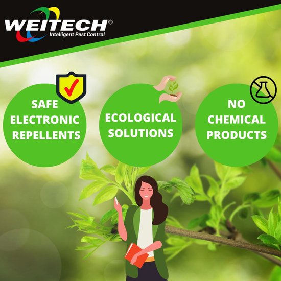 Een dame met een boek, met op de achtergrond groene bladeren en de tekst "SAFE ELECTRONIC REPELLENTS, ECOLOGICAL SOLUTIONS, NO CHEMICAL PRODUCTS".