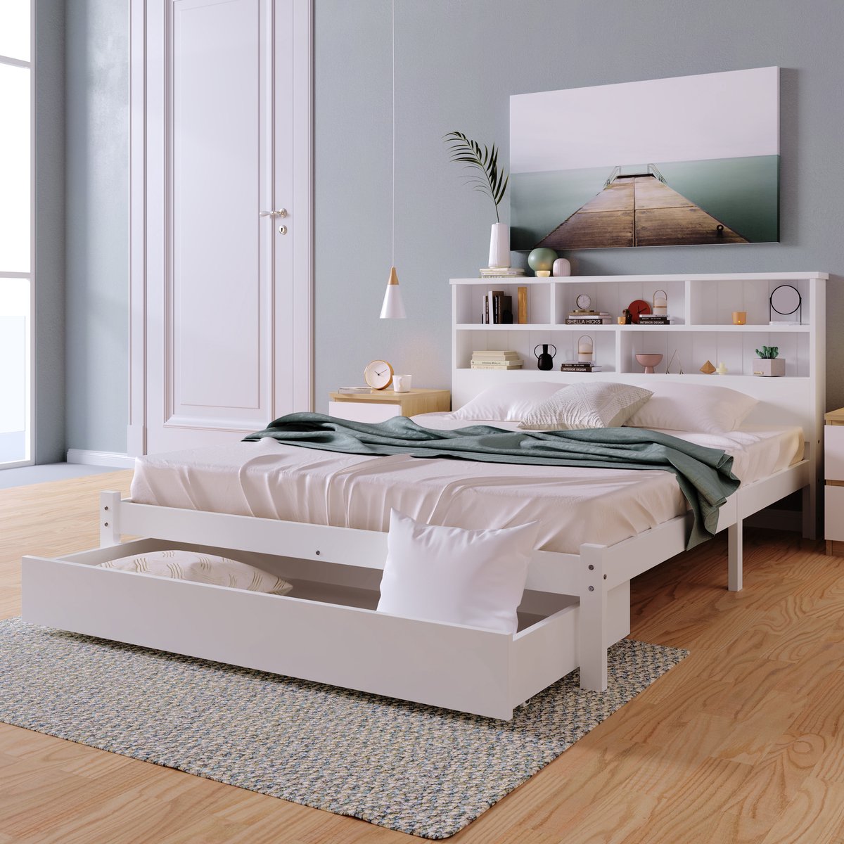 DESMIU Houten Tweepersoonsbed 140x200cm Zonder Matras – Bed Met Boekenkast Hoofdbord – Slimme Opberglades – Voor Slaapkamer – Wit
