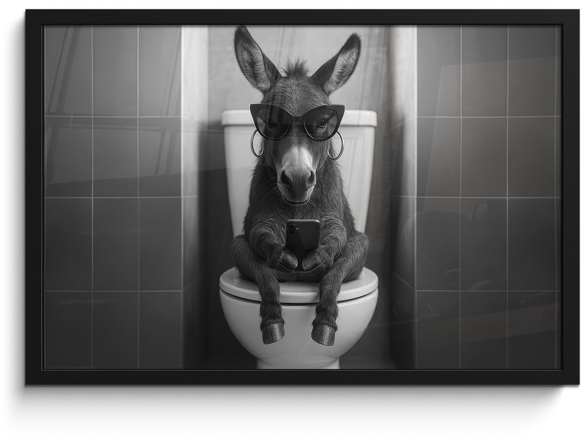 Poster in lijst - Fotolijst 60x40 cm - Posters - Ezel - Telefoon - Toilet - Zwart - Wit -