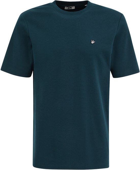 Donkerblauw T-shirt met korte mouwen en klein wit logo op de borst.