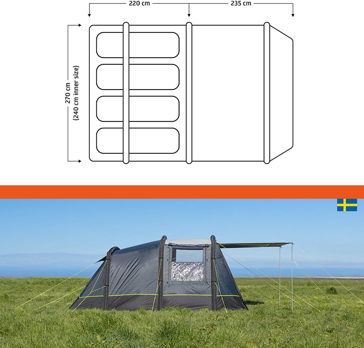 Campout Opblaasbare Tunneltent - 455 x 270 cm - 4 persoons Familietent - Verduisterde Slaapruimtes - TPU-tubes - Waterdicht 5000 mm - Ventilatieopeningen - 2 Slaapruimtes - Inclusief Pomp en Grondzeil – foto 5