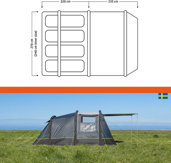 Afmetingen van de tent: 220 cm breedte slaapgedeelte, 235 cm breedte leefgedeelte, 270 cm diepte.