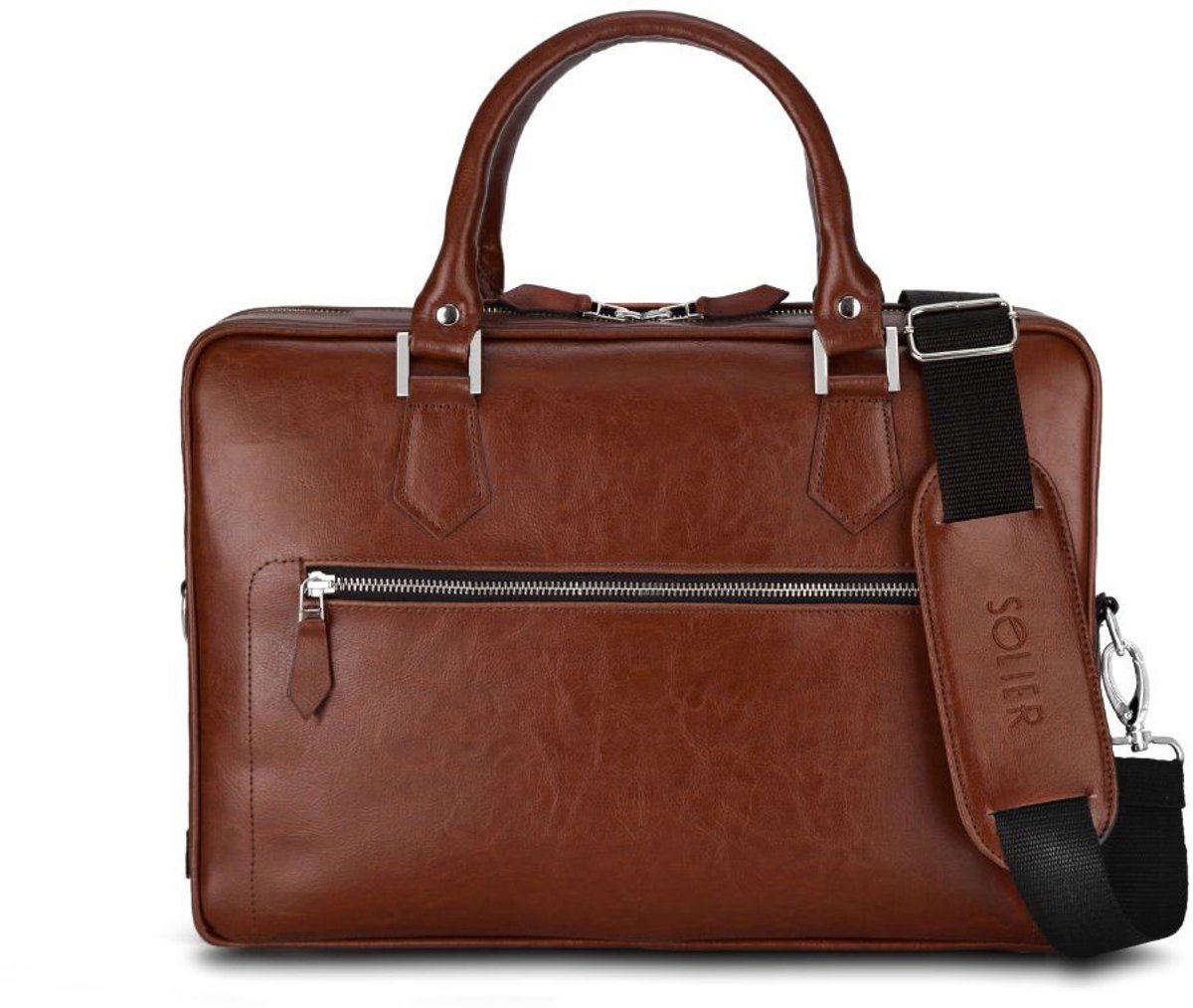 Solier SL23 Easton - Leren laptoptas - Laptopvak 15,6 inch - Trolleybevestiging - Schouderriem - Vintage bruin